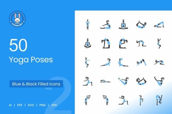 50 Yoga Poses Blue Black Icons