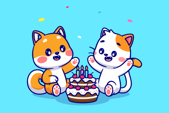 Cute Shiba Inu Dog and Cat with Cake