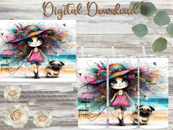 Whimsical Girl and Pug Dog Beach